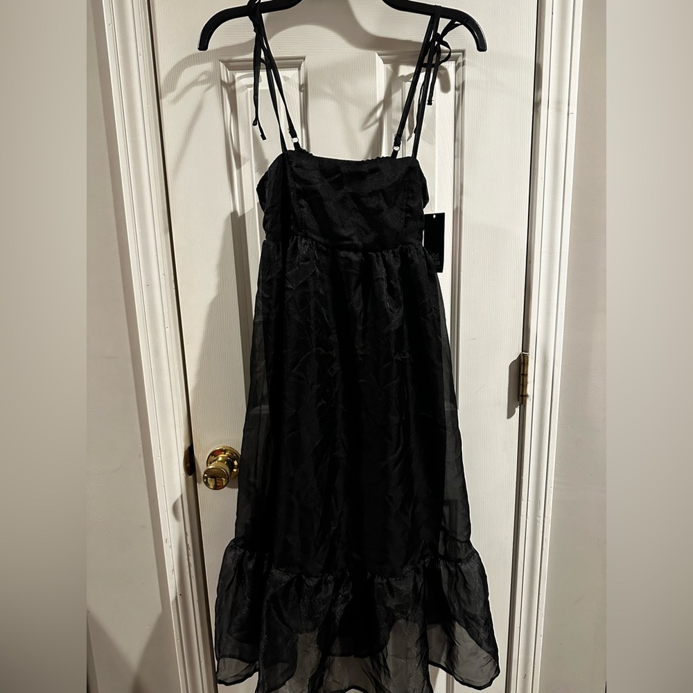 Midi Babydoll Organza Black Dress, XS NWT, Adjustable Straps, 100% Recycled Poly
